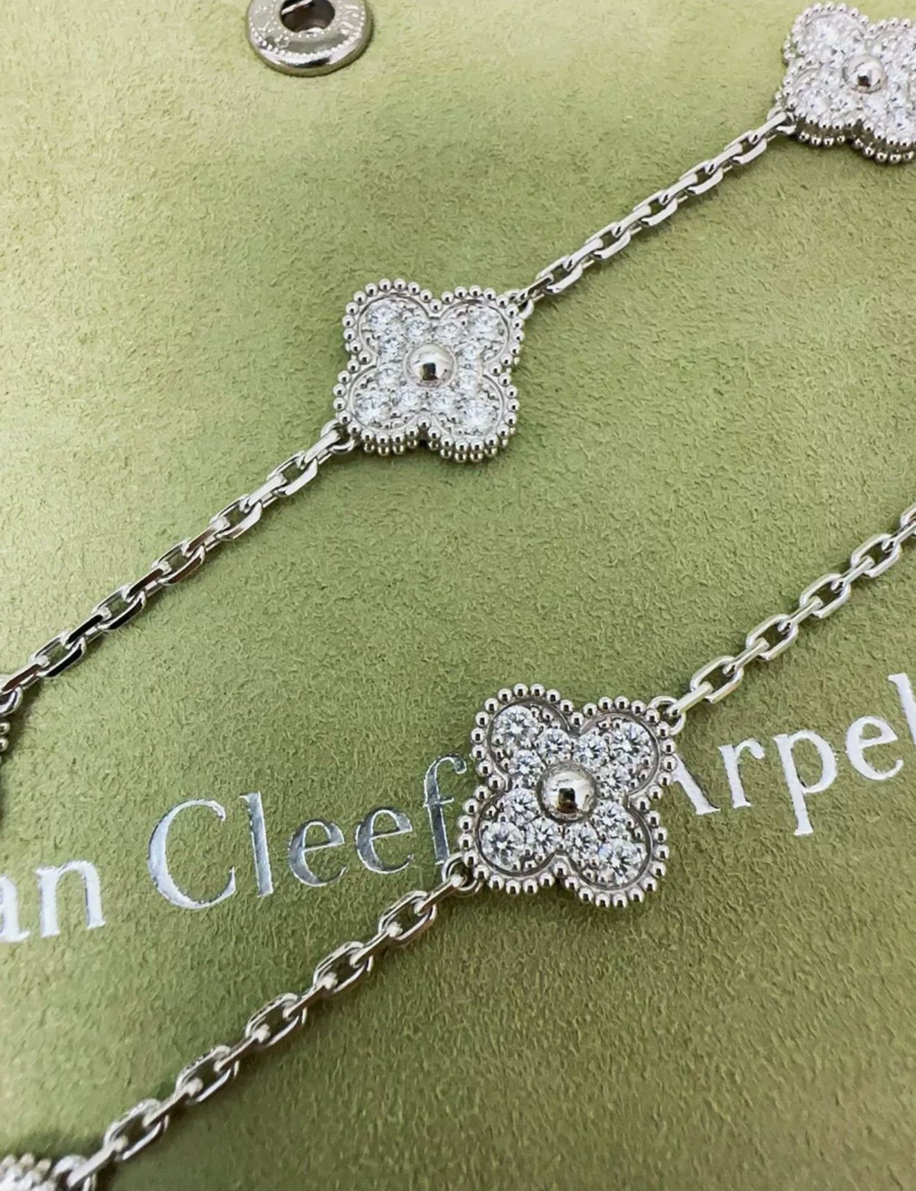 Van Cleef  Arpels 18k White Gold Diamond Set Vintage Alhambra Necklace