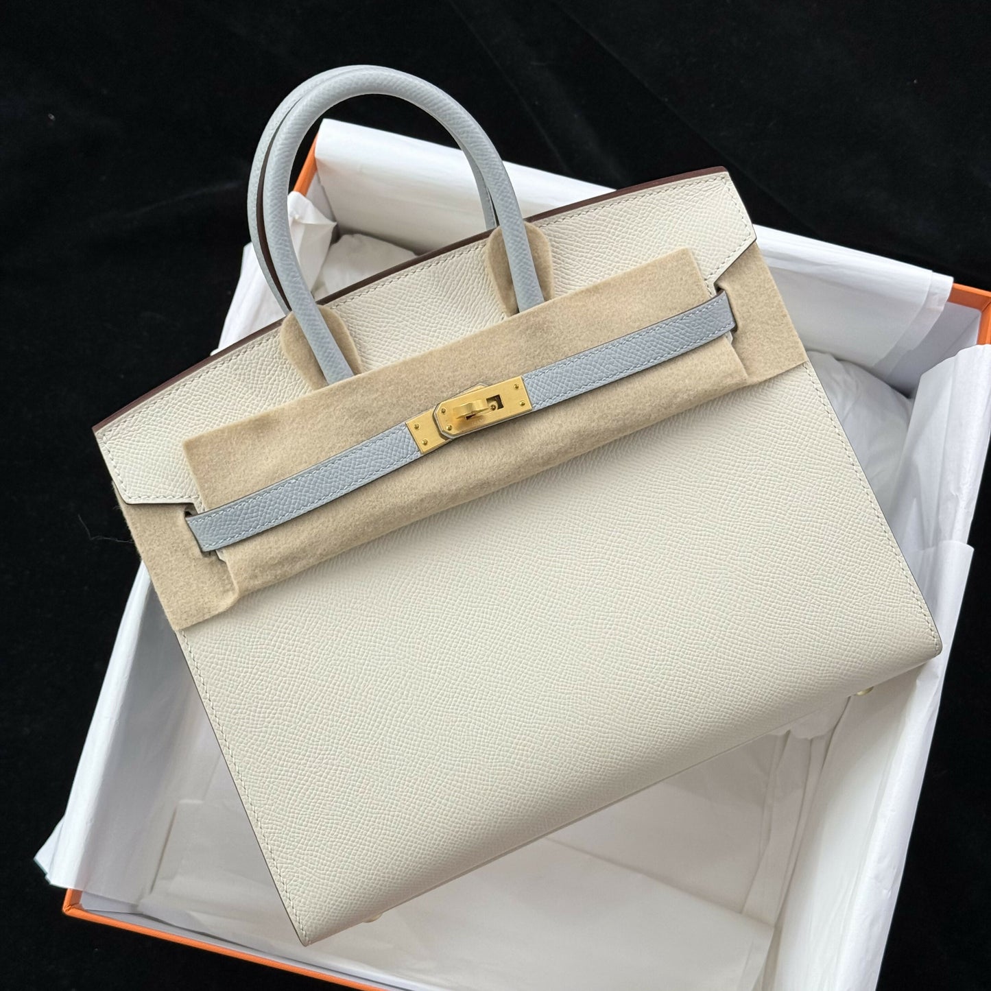 Hermès Birkin 25 Verso Nata Bleu Brume Epsom with Brushed Gold Hardware