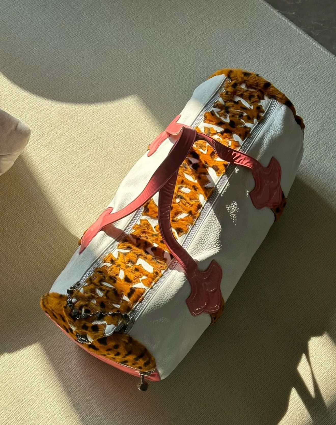 Chrome Hearts duffel bag white leather, pink handles bag with leopard cross patches