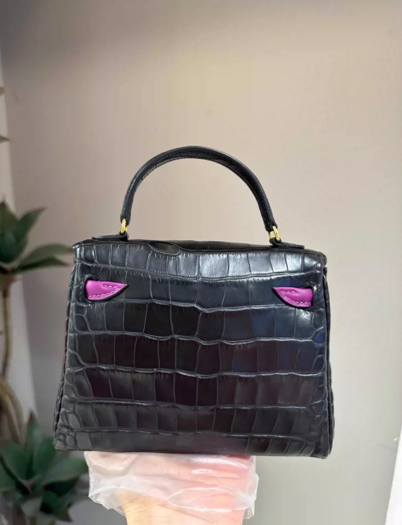 Hermes Kelly Doll Black  Anemone Purple Alligator Crocodile Gold Hardware
