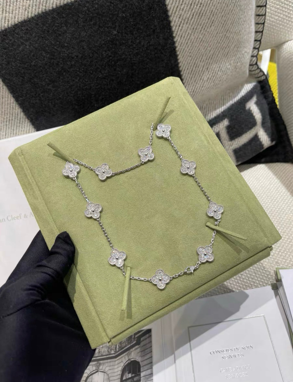 Van Cleef  Arpels 10 Motifs Vintage Diamond Alhambra 18k White Gold Necklace