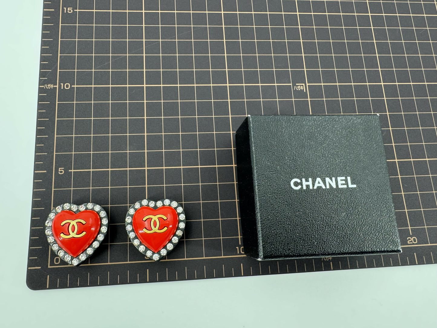 Chanel Vintage 95P Rhinestone  Gold Plated Heart-shaped Black and Red Clip-on Earrings