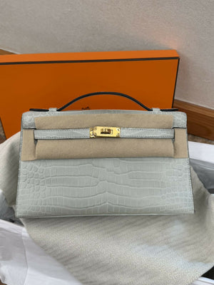 Hermès Kelly Pochette OW Gris Névé Porosus Crocodile Matte with Gold Hardware