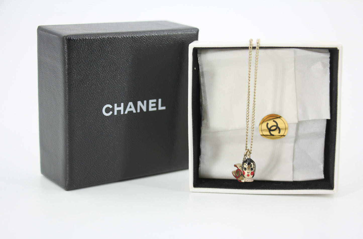 Chanel Vintage 05P Metal Doll Head  Red CC Necklace