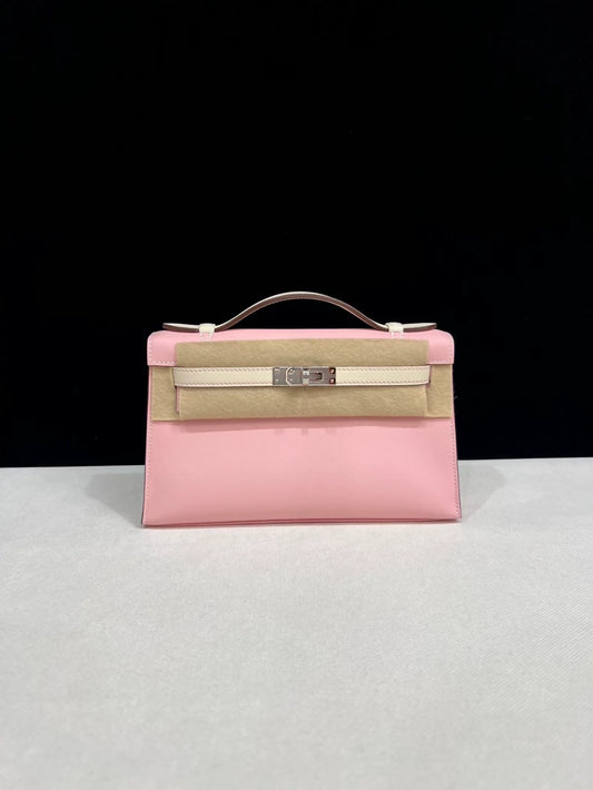 Hermes Kelly pochette pink Sakura  cream white swift leather palladium hardware