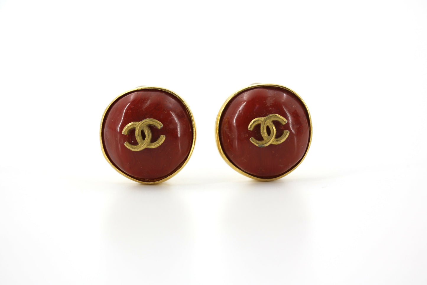 Chanel Vintage 98P Imitation Beeswax Red  Gold-Tone CC Clip-On Earrings