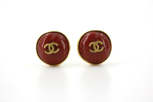 Chanel Vintage 98P Imitation Beeswax Red  Gold-Tone CC Clip-On Earrings