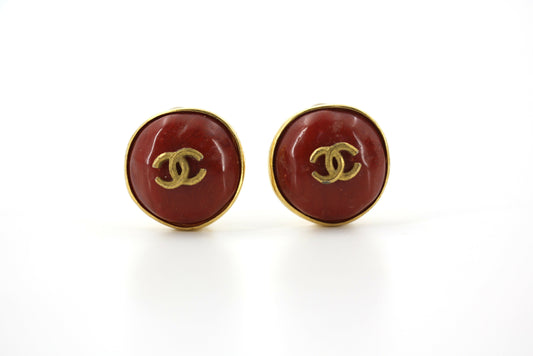 Chanel Vintage 98P Imitation Beeswax Red  Gold-Tone CC Clip-On Earrings