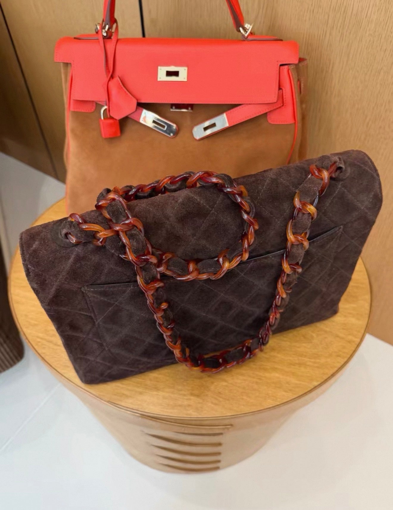 Chanel Maxi Fla Bag in brown suede leather with tortoise hardware