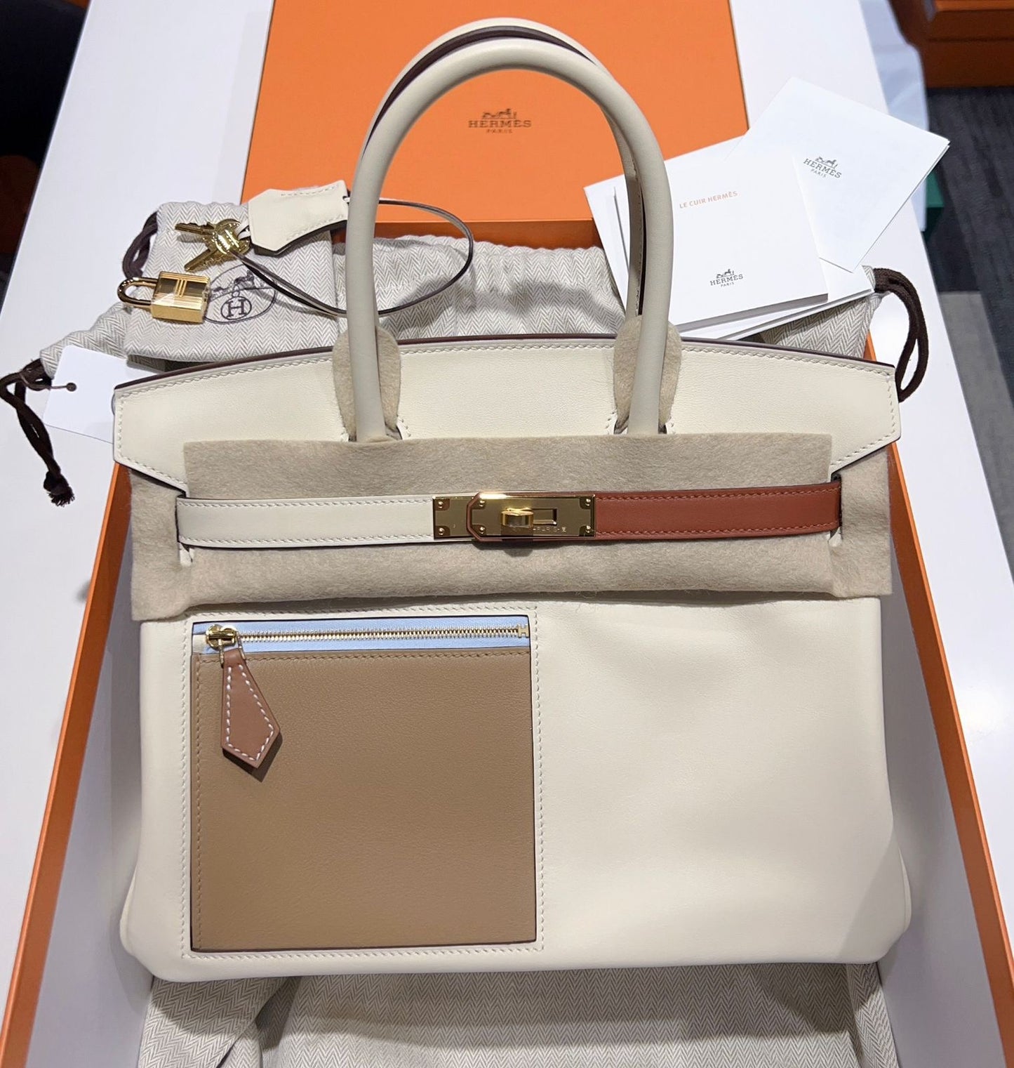 Hermes Birkin 30 Colormatic Nata/Chai/Cuivre/Bleu Brume Swift Gold Hardware