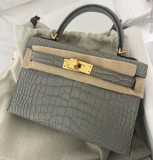 Hermes Mini Kelly 20 Gris Ciment Matte Alligator Gold hardware