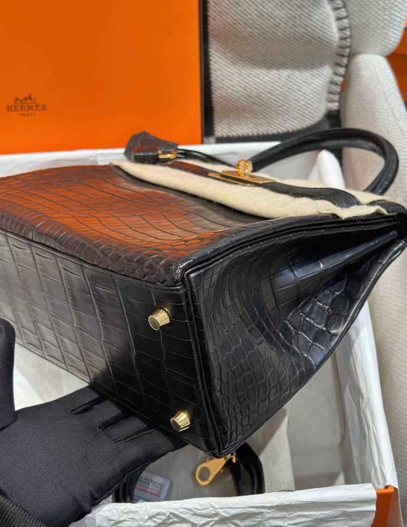 Hermes Kelly 28 black matte crocodile leather gold hardware