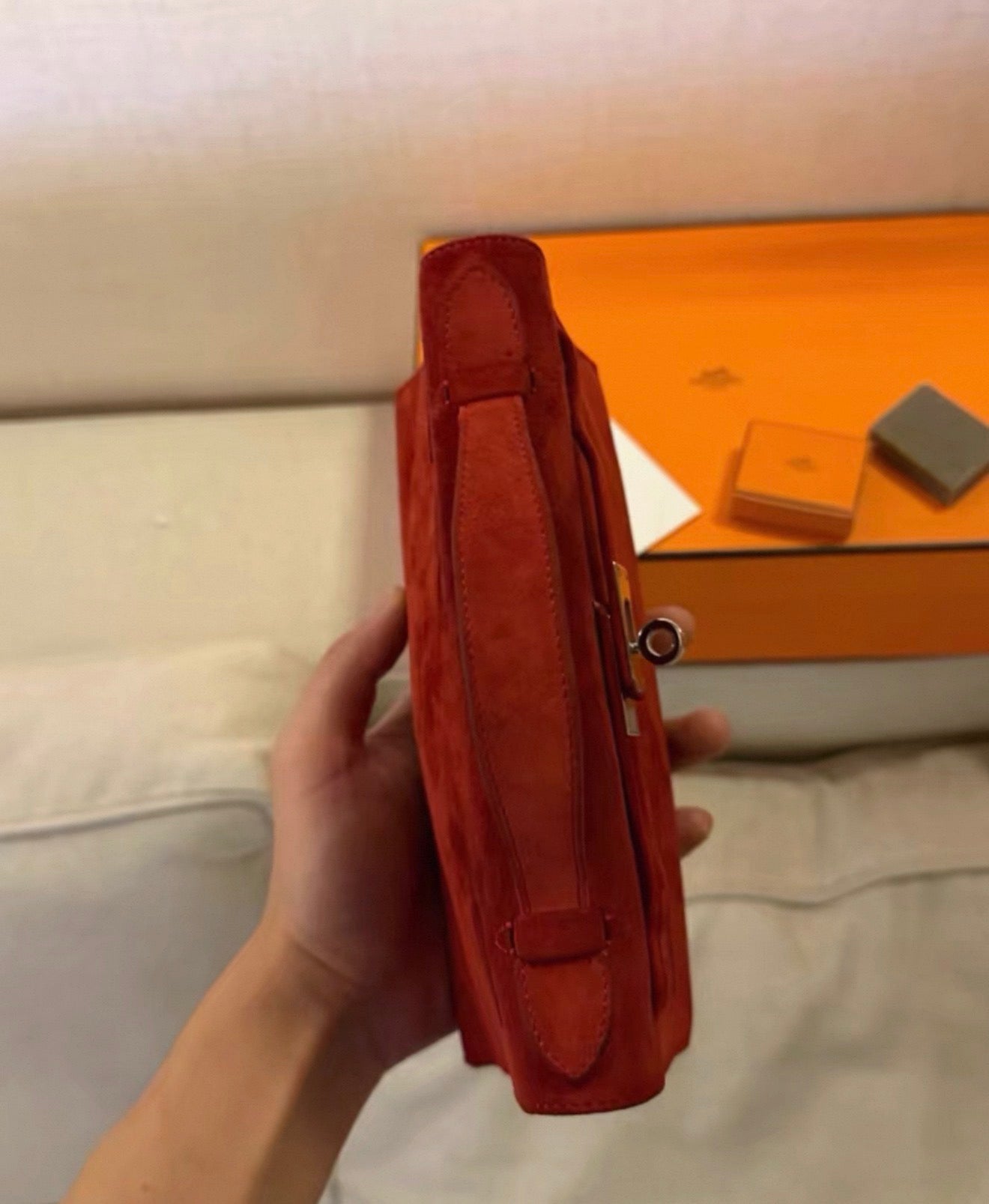 Hermes Kelly pochette red Doblis suede leather palladium hardware