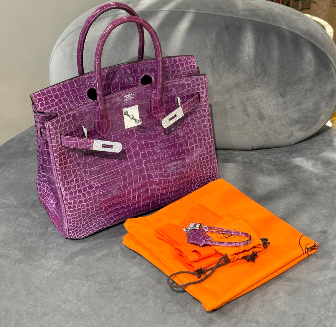 Hermès Birkin 30 Violet Shiny Porosus Crocodile White Gold Diamond Hardware