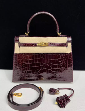 HERMES Kelly 25 Bordeaux Shiny Alligator Leather gold hardware