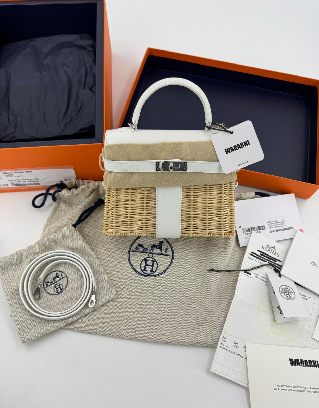 Hermès Mini Kelly 20 “Picnic” White Swift Leather  Palladium Hardware