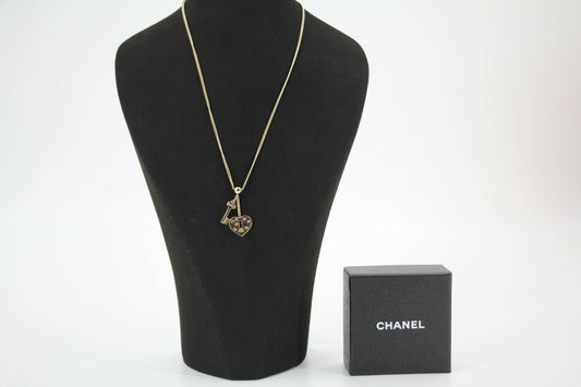 Chanel Vintage 02P Rhinestone Pink Heart Key Metal Necklace