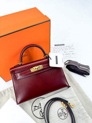 Hermès Mini Kelly Bordeaux Box Leather Gold Hardware Brand new