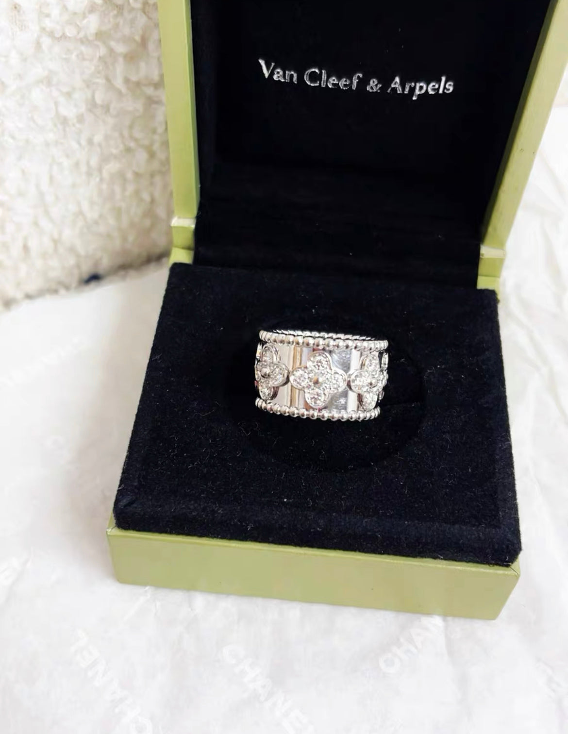 Van Cleef  Arpels Perlee Clovers Ring Model 18k White Gold Diamonds size 52