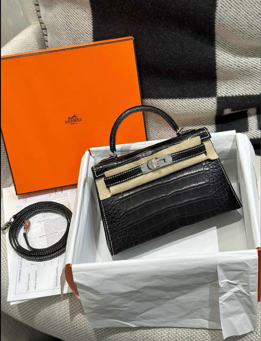 HERMÈS MINI KELLY 20 BLACK ALLIGATOR MATTE WITH WHITE STITCHING PALLADIUM HARDWARE