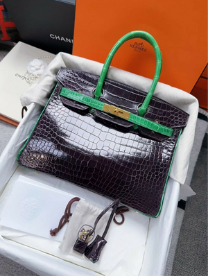 Hermes Birkin 30 Amethyst/Green Crocodile Gold Hardware