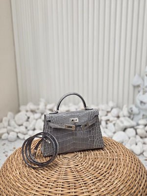 Hermes Mini Kelly 20 Gris Ciment Shiny Alligator Palladium hardware