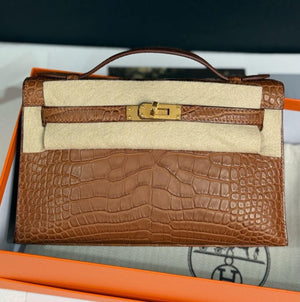 Hermes Kelly Pochette Gold Matte Alligator Leather Gold Hardware