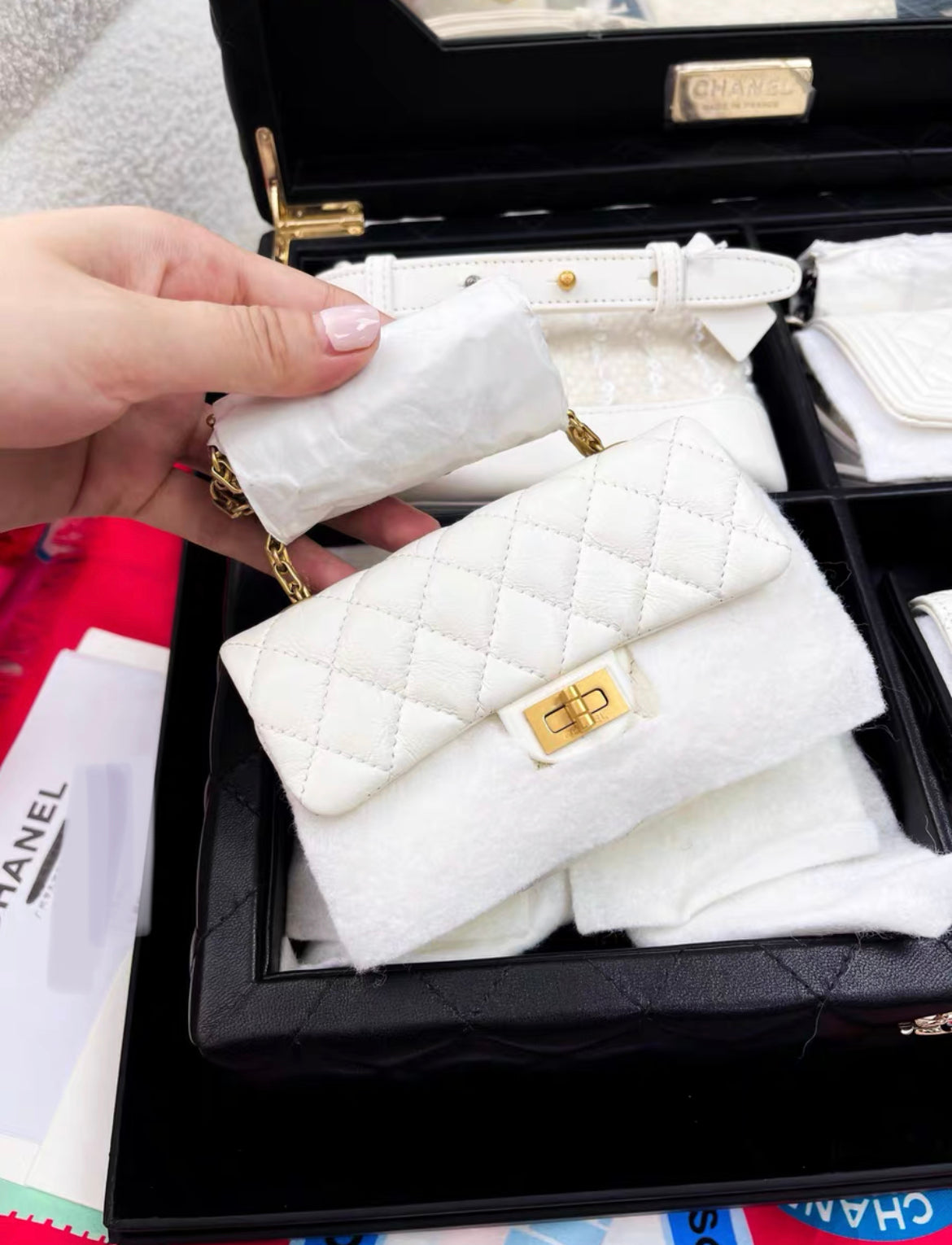 Limited Edition Chanel Set Of 4 white Mini Bags with Quilted Trunk
