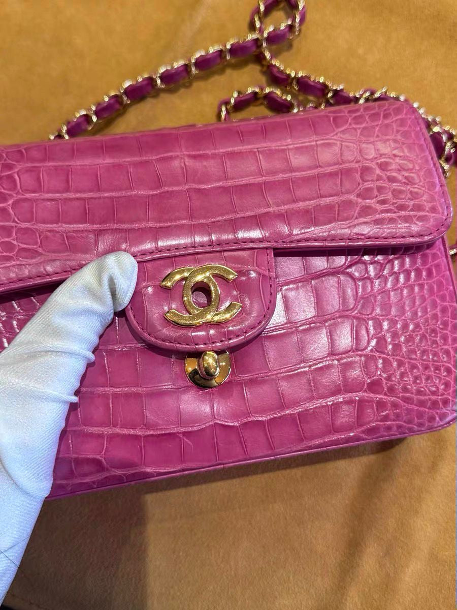 Chanel pink Alligator leather mini flap gold hardware