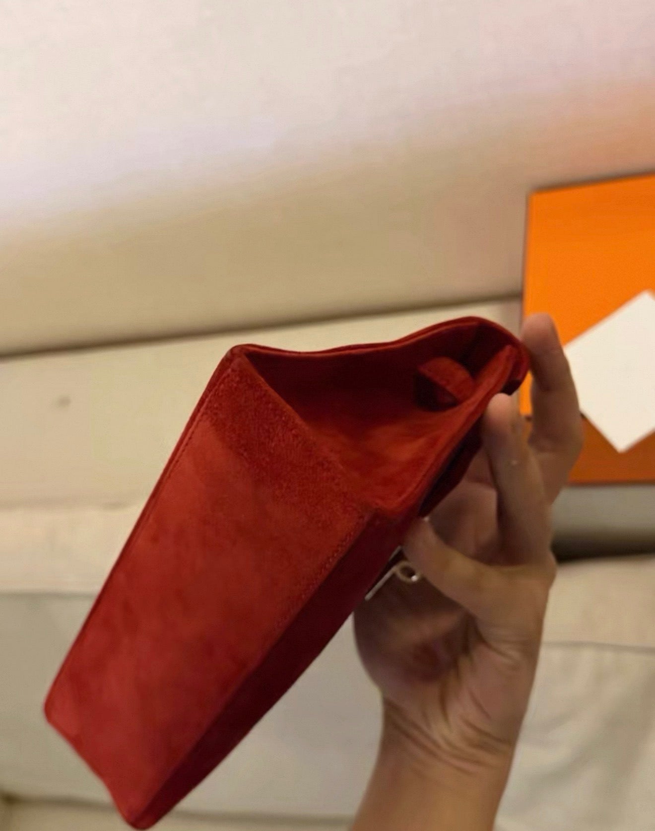 Hermes Kelly pochette red Doblis suede leather palladium hardware