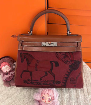 Hermes Kelly 28 Fauve Barenia Toile couverture de jour amazone palladium hardware