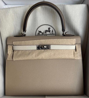 Hermes kelly 25 Tricolor Trench Nata Etoupe Epsom Sellier Palladium Hardware