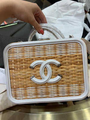 Chanel Vanity Case Beige  White, Rattan, Patent Calfskin  Silver-Tone Metal