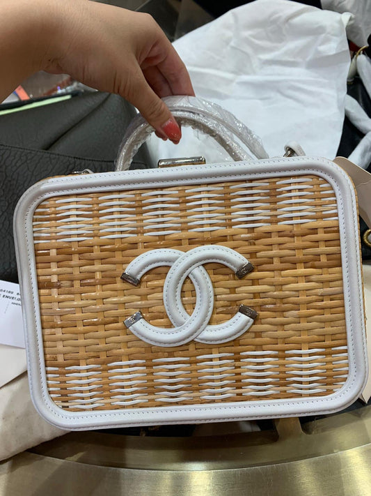 Chanel Vanity Case Beige  White, Rattan, Patent Calfskin  Silver-Tone Metal