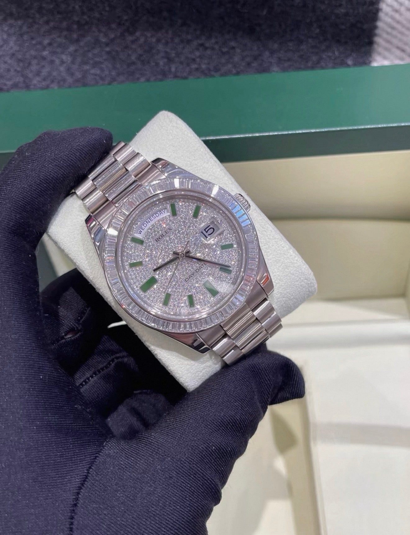 Rolex Day-Date 218399T 18k White gold  pave diamond with green enamel