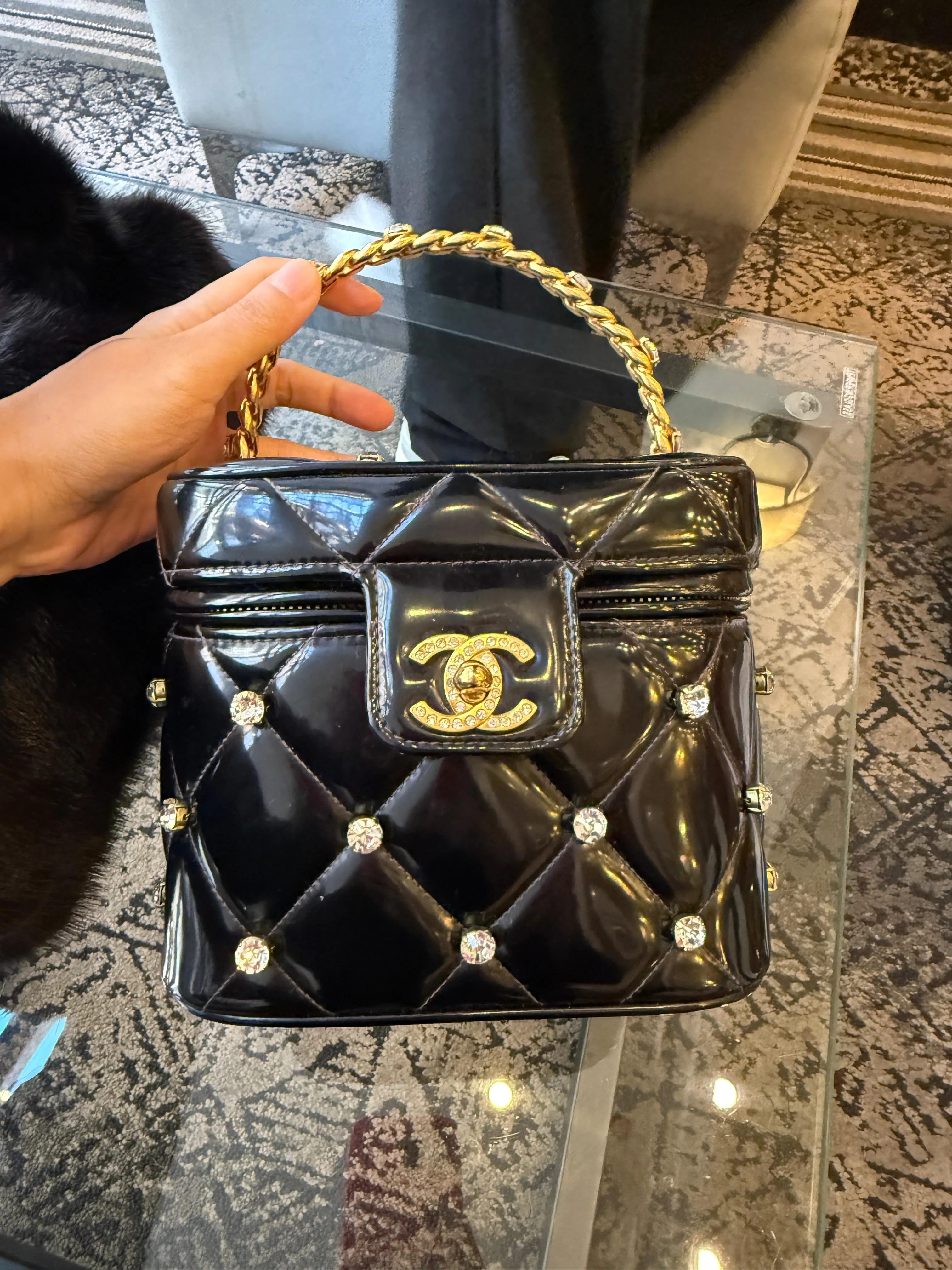 Chanel 1995 Black Patent Rhinestone Vanity Mirror Case — Ultra Rare Collector’s Piece