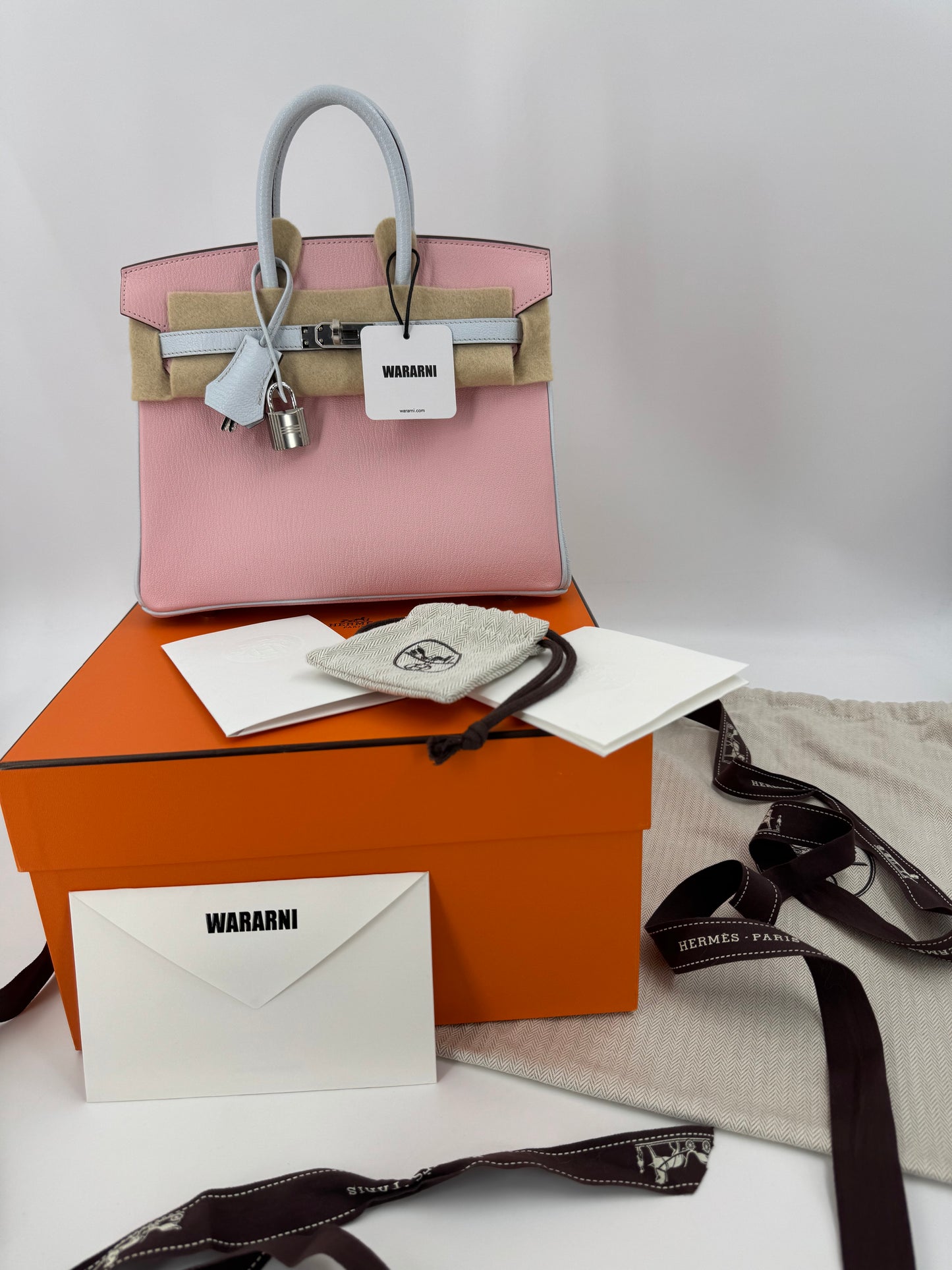Hermès Birkin 25 3Q rose sakura pink  T0 Blue Brume Goatskin leather Brushed Palladium Hardware