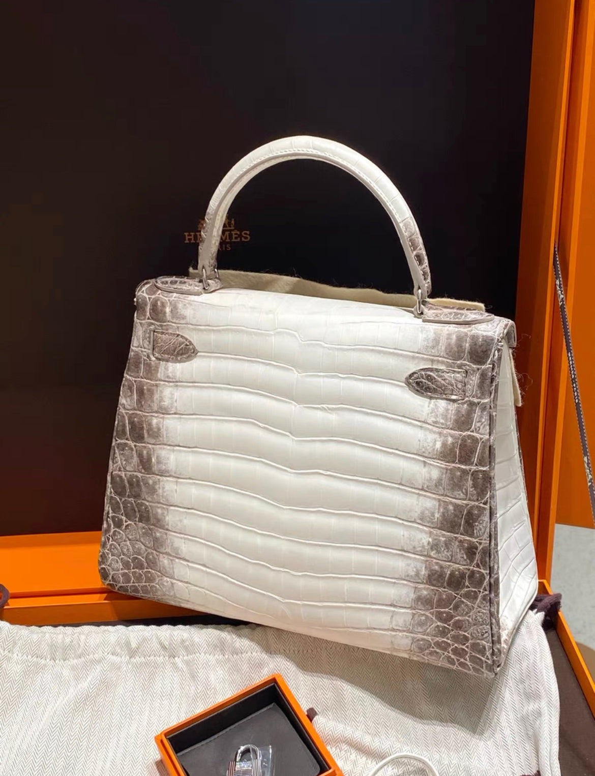 Hermes Kelly 28 Bag Diamond Himalaya Blanc Matte Niloticus Crocodile with 18k White Gold Hardware