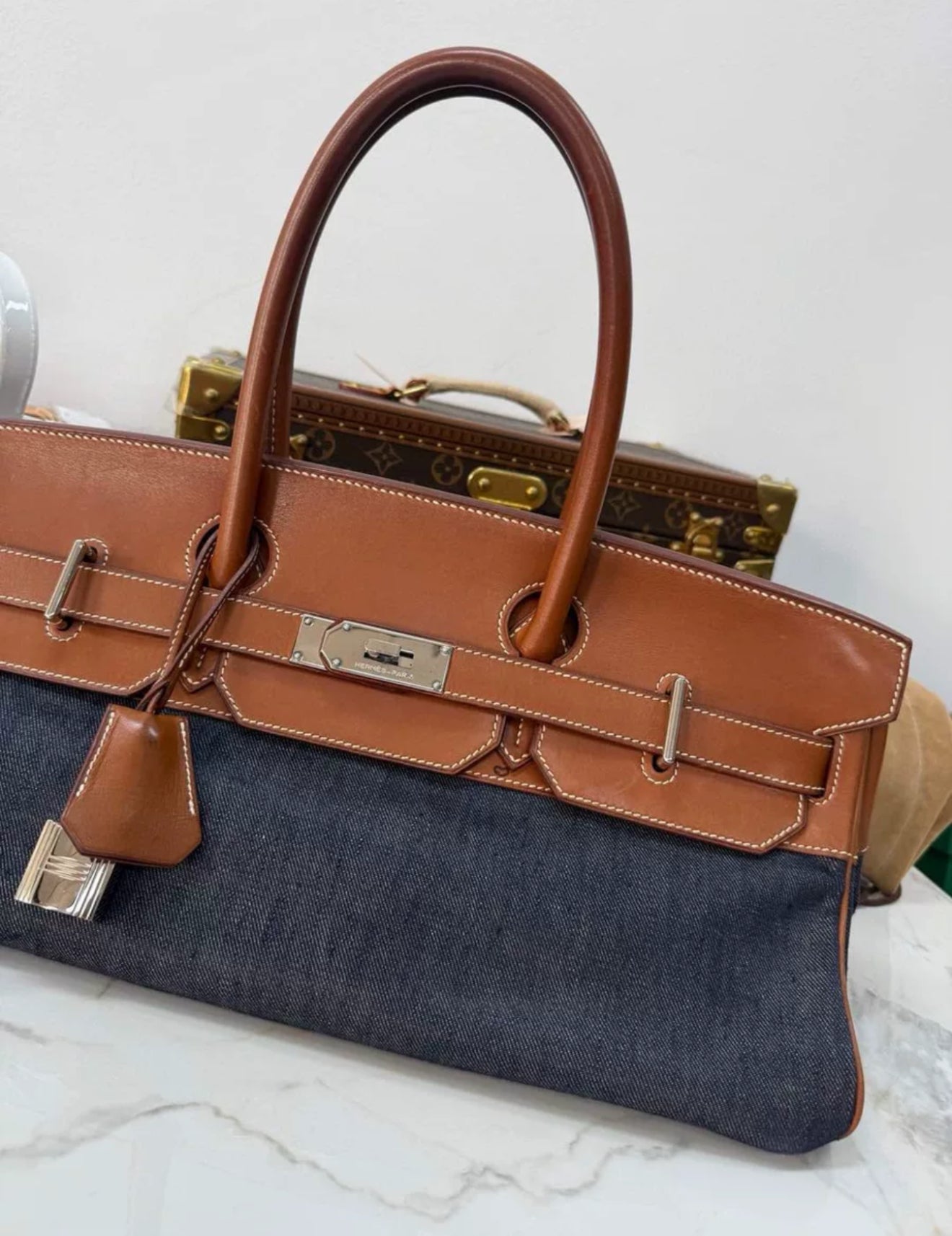 Hermes Shoulder Birkin Saddle leather and denim palladium hardware