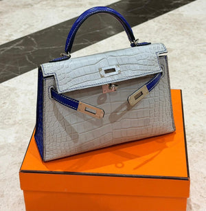 Hermès Mini Kelly 20 HSS Gris Perle / Bleu Electrique Matte Alligator Palladium hardware