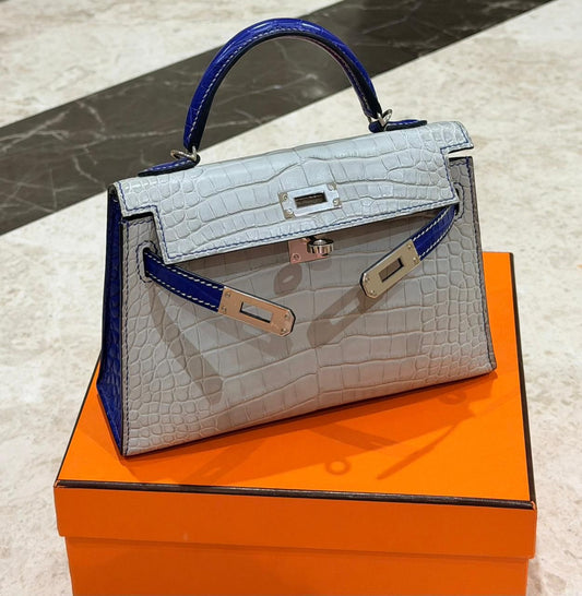 Hermès Mini Kelly 20 HSS Gris Perle / Bleu Electrique Matte Alligator Palladium hardware