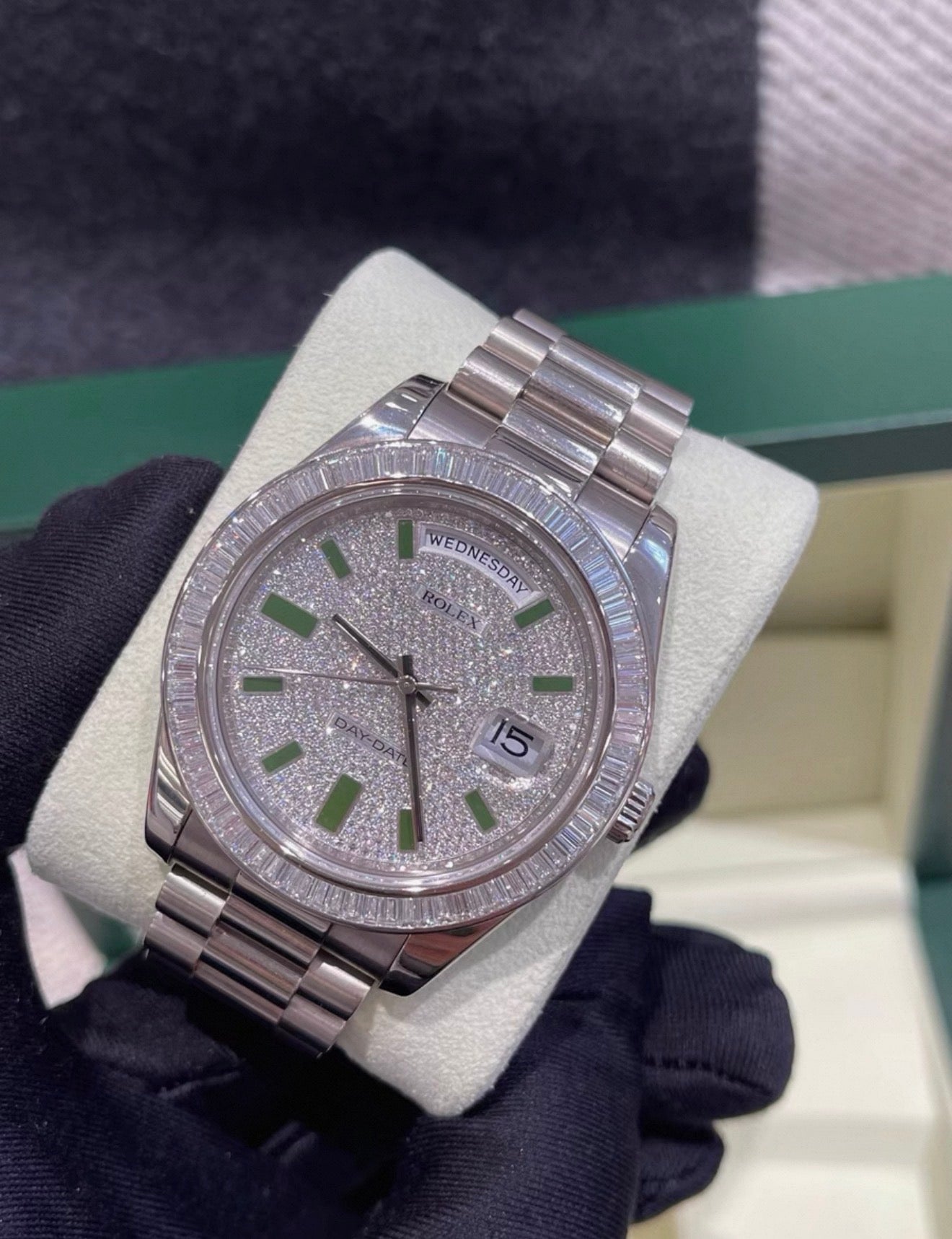 Rolex Day-Date 218399T 18k White gold  pave diamond with green enamel