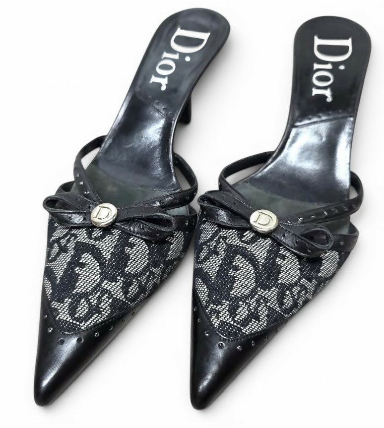 VINTAGE Y2K DIOR TROTTER MONOGRAM BOW POINTED MULE KITTEN HEELS IT 37.5 US 7.5