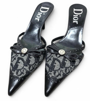 VINTAGE Y2K DIOR TROTTER MONOGRAM BOW POINTED MULE KITTEN HEELS IT 37.5 US 7.5