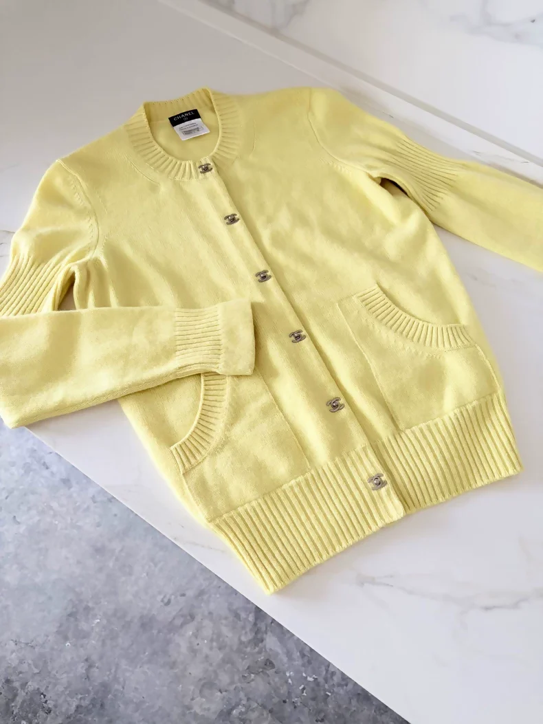 Chanel 15B Pale Yellow CC Button Wool Cardigan
