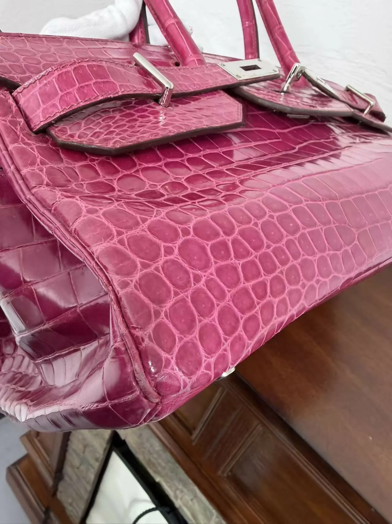Hermes Birkin shoulder Pink shiny crocodile leather palladium harwdare