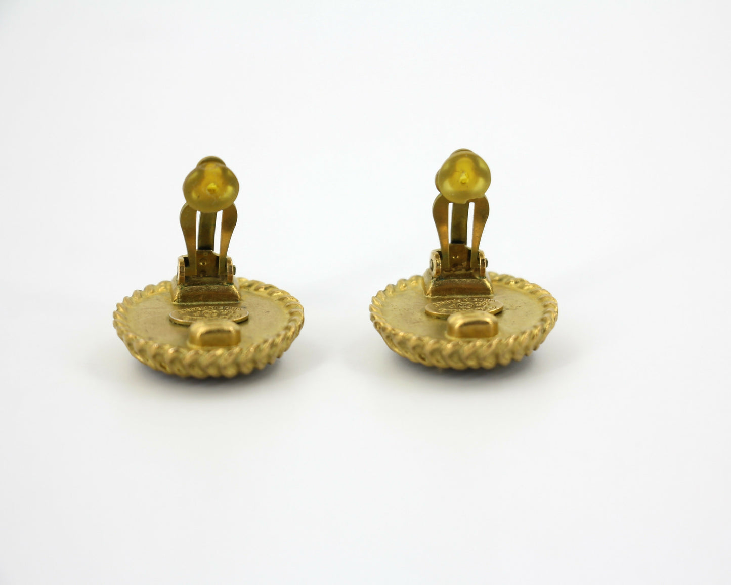 Chanel Vintage 95P Resin Spring/Summer Black Gold CC Round Wave Pattern Earrings