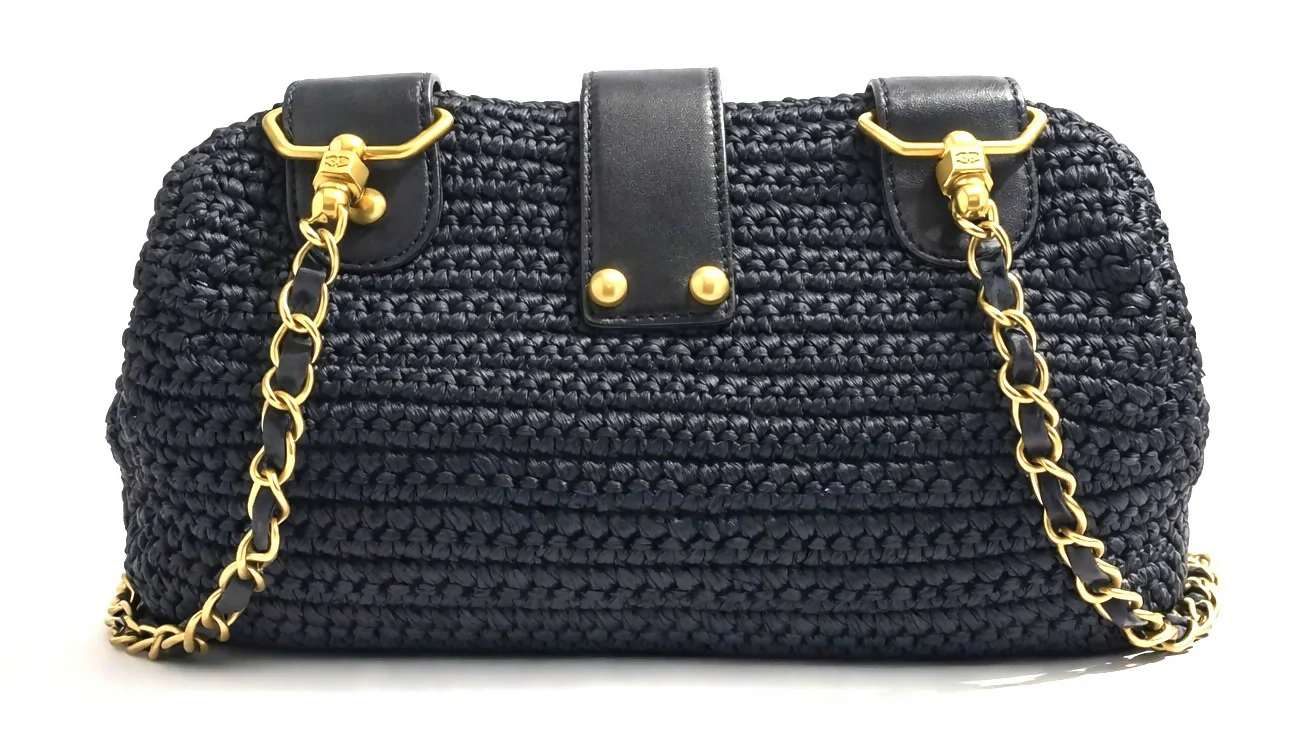 Chanel Medium Classic Dark Navy Straw Raffia Shoulder Bag GHW