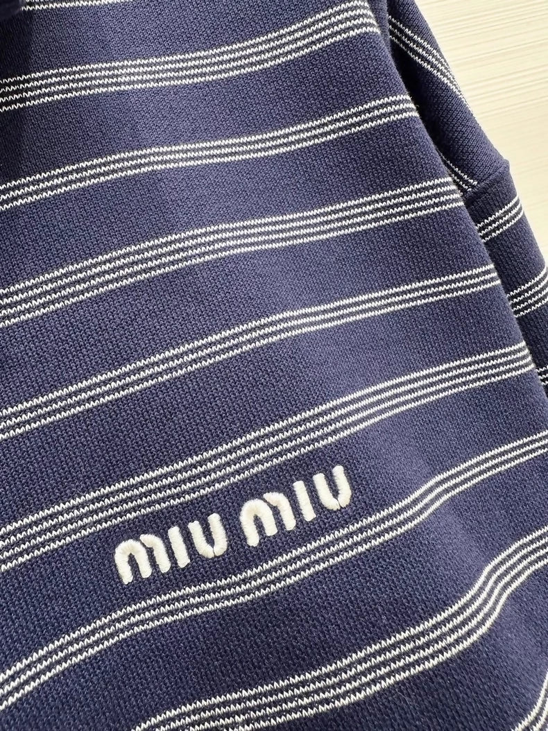 Miu Miu 25 Black and Blue Striped Collared Zip-Up Long-Sleeve Polo Shirt