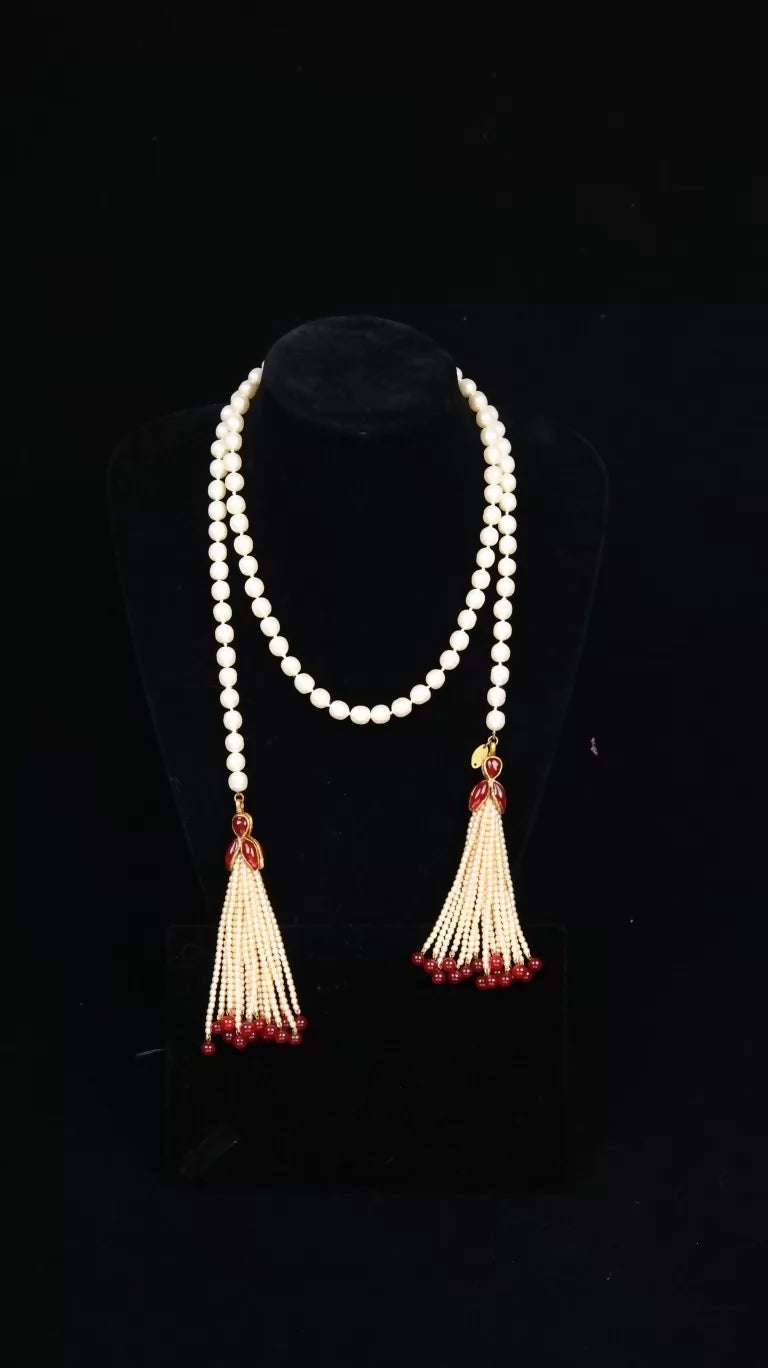 Chanel Red and White Pearl Glass Tassel Pendant Long Necklace Sweater Chain